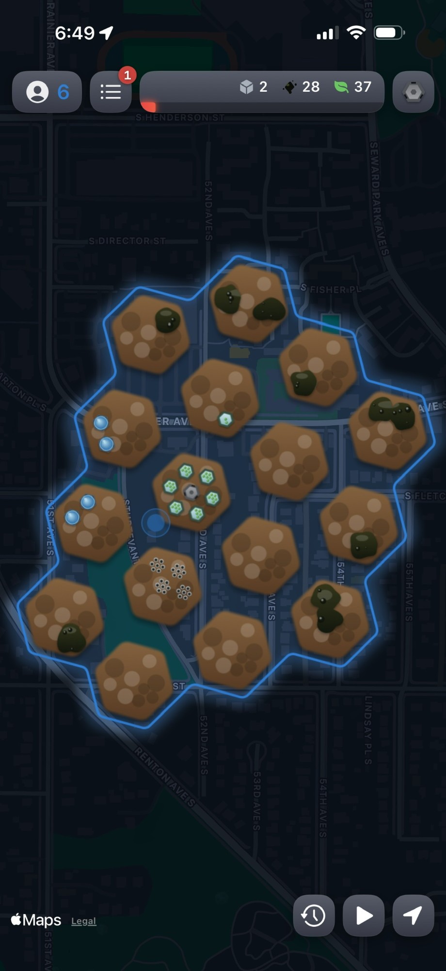 Reverdure gameplay: reclaimed territory laid out across the real-world map